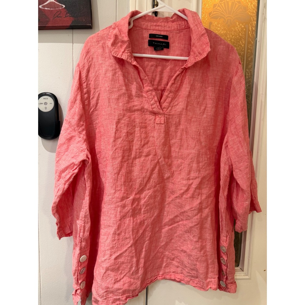 Tahari Linen Tunic Top Coral Pink V-Neck Button Side Blouse Plus Size 2X RN75343